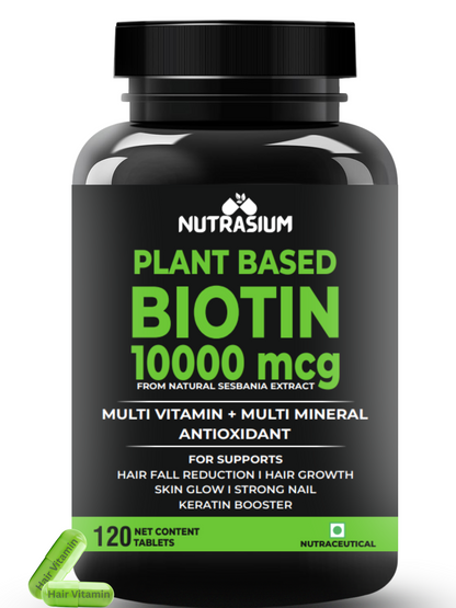 Nutrasium Hair Vitamin With 10000 mcg Plant based Biotin For Hair Growth, Hair Fall Control, Repair Damage Hair, Thick & Strong Hair | 120 Tabletsk