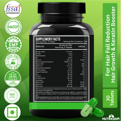 Nutrasium Hair Vitamin With 10000 mcg Plant based Biotin For Hair Growth, Hair Fall Control, Repair Damage Hair, Thick & Strong Hair | 120 Tabletsk