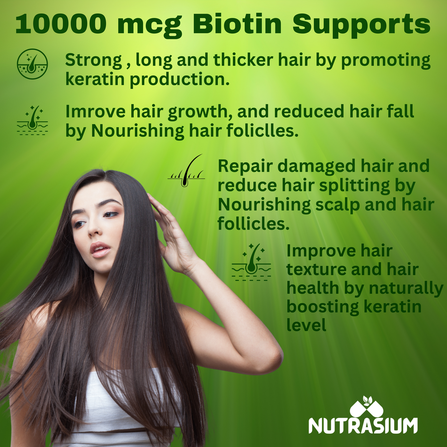 Nutrasium Hair Vitamin With 10000 mcg Plant based Biotin For Hair Growth, Hair Fall Control, Repair Damage Hair, Thick & Strong Hair | 120 Tabletsk