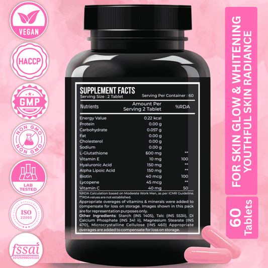 L-Glutathione 600 mg with Hyaluronic acid and Biotin For Skin Whitening, Glow, Dark spot Reduction & Pigmnetation
