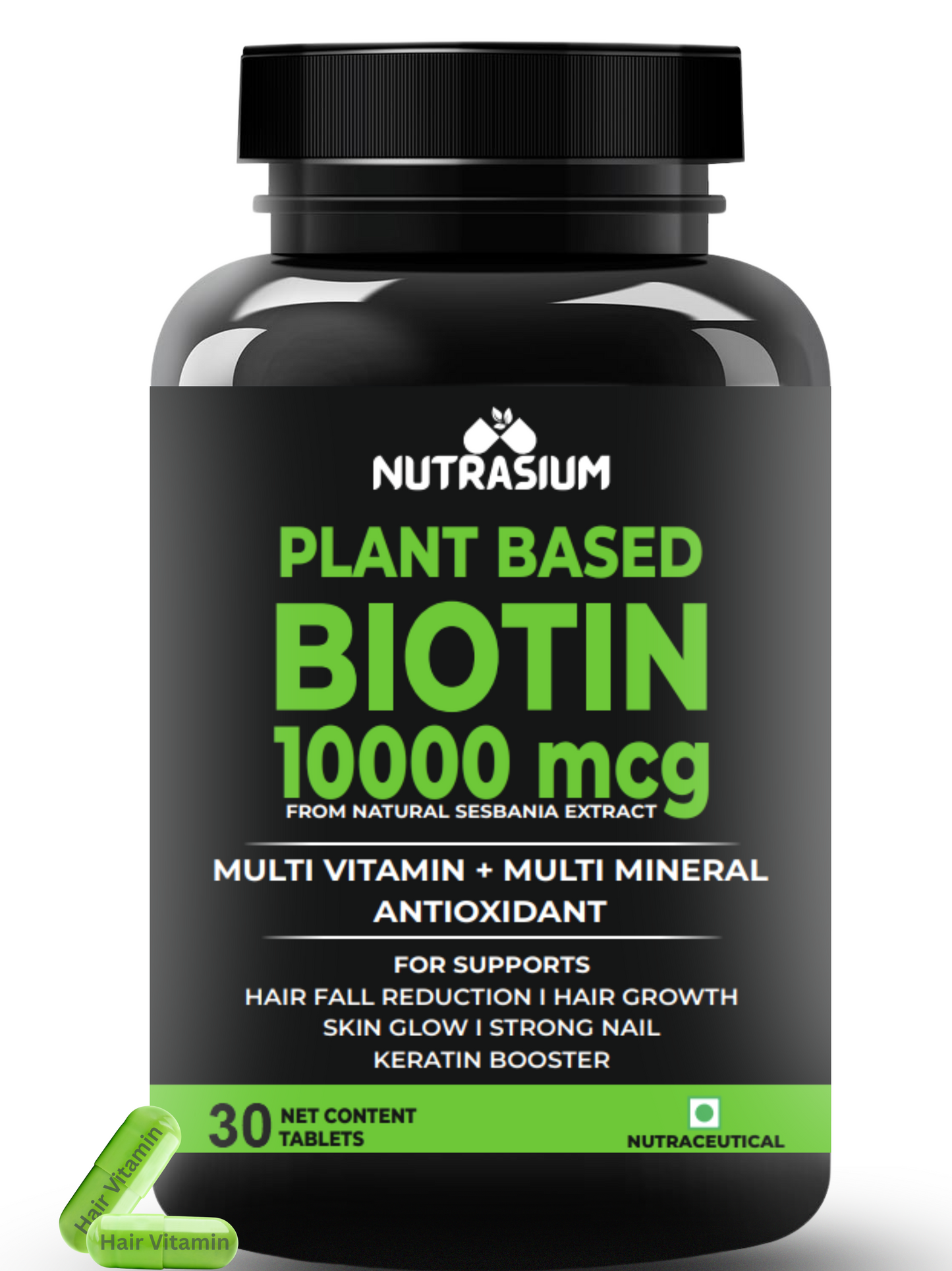 Nutrasium Hair Vitamin With 10000 mcg Plant based Biotin For Hair Growth, Hair Fall Control, Repair Damage Hair, Thick & Strong Hair | 120 Tabletsk