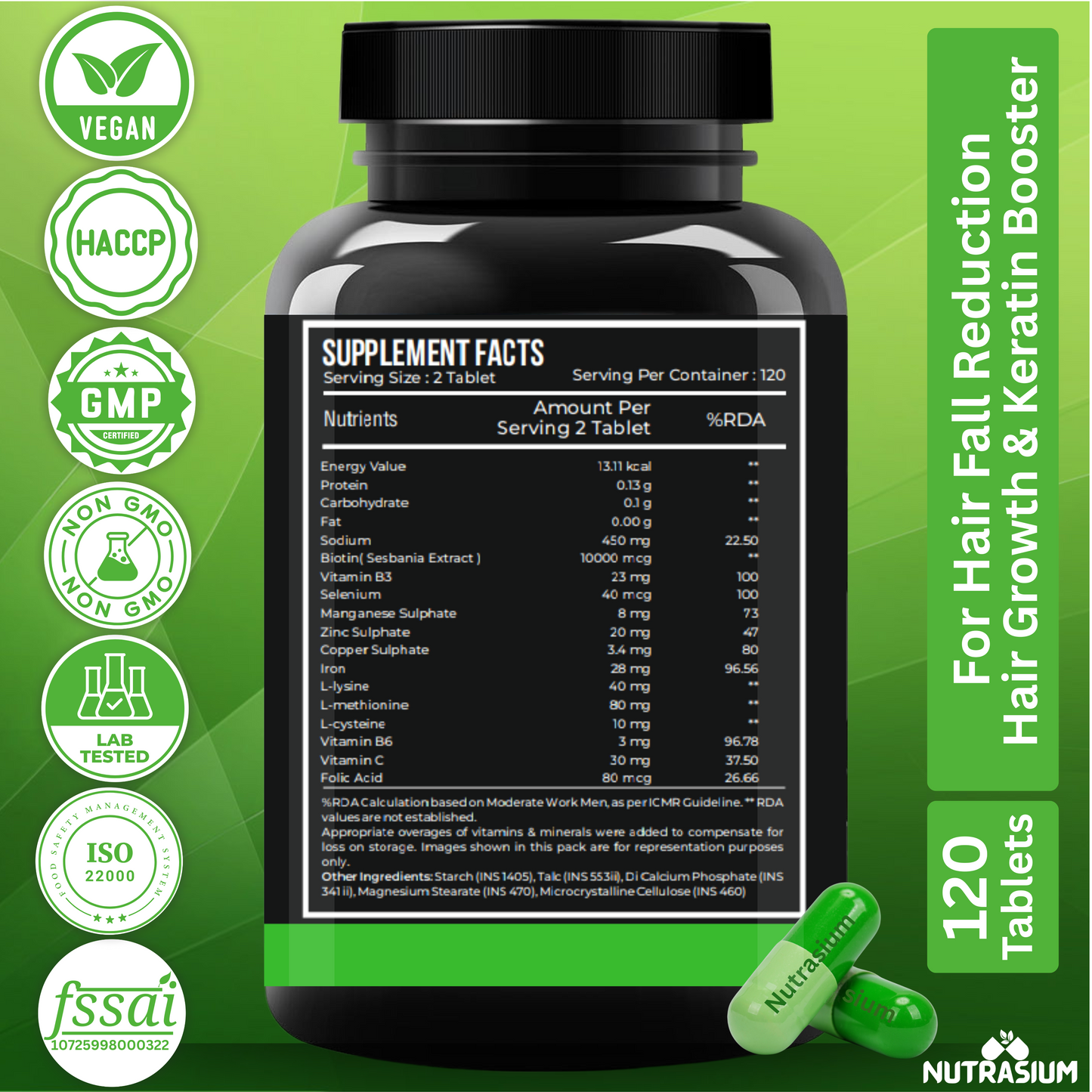 Nutrasium Hair Vitamin With 10000 mcg Plant based Biotin For Hair Growth, Hair Fall Control, Repair Damage Hair, Thick & Strong Hair | 120 Tabletsk