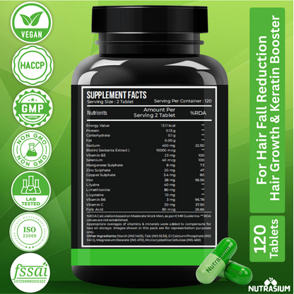 Nutrasium Hair Vitamin With 10000 mcg Plant based Biotin For Hair Growth, Hair Fall Control, Repair Damage Hair, Thick & Strong Hair | 120 Tabletsk