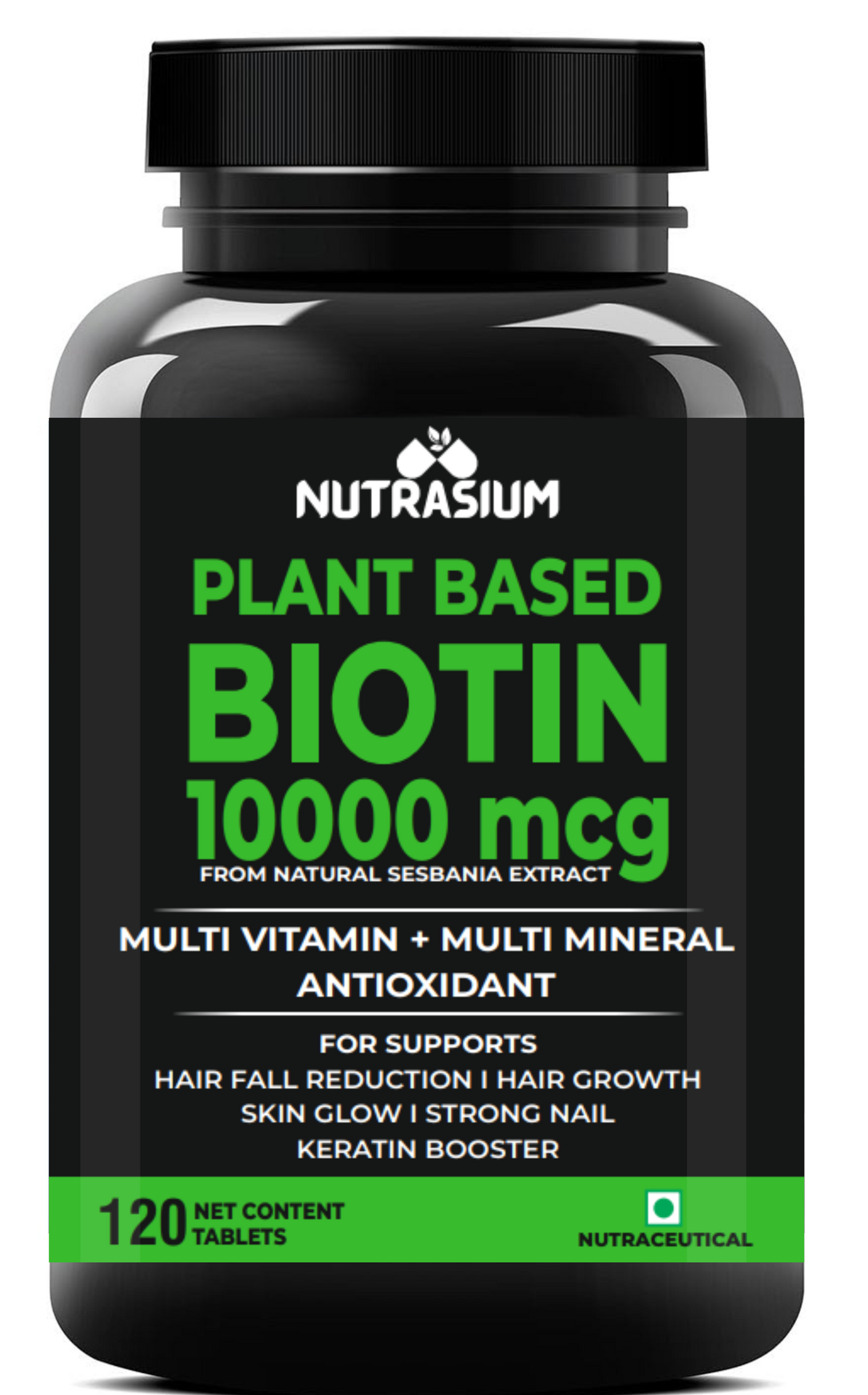 Nutrasium Hair Vitamin With 10000 mcg Plant based Biotin For Hair Growth, Hair Fall Control, Repair Damage Hair, Thick & Strong Hair | 120 Tabletsk